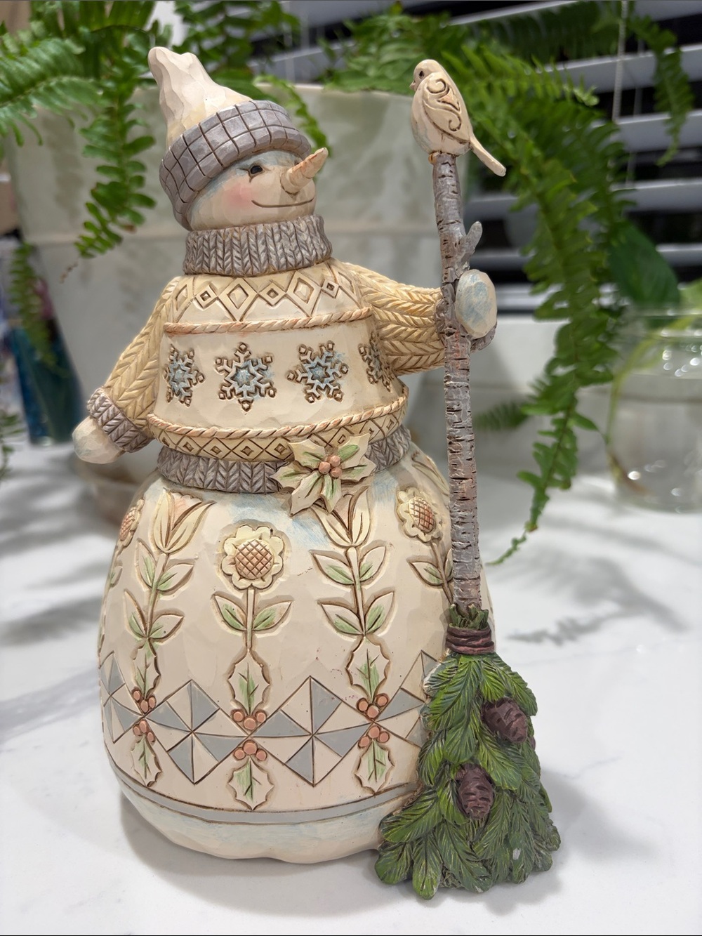 Jim Shore Cream Snowman with Green Pine Broom